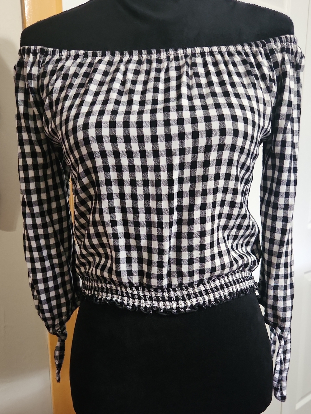 Hollister Black & White Gingham Off-Shoulder Blouse